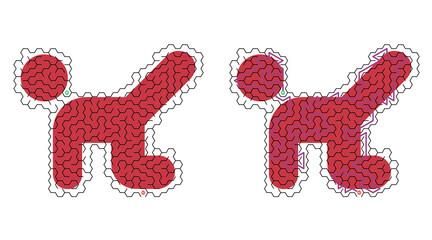 Red abstract poodle silhouette with zigzag patterned texture. White outline frames the whimsical, playful dog shape. Vibrant red hue stands out with bold, energetic visual appeal © LarisaM