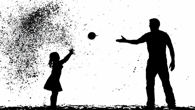 Grungy silhouette of father and daughter playing ball, family outdoor activity with textured splatter effect, black and white vector illustration