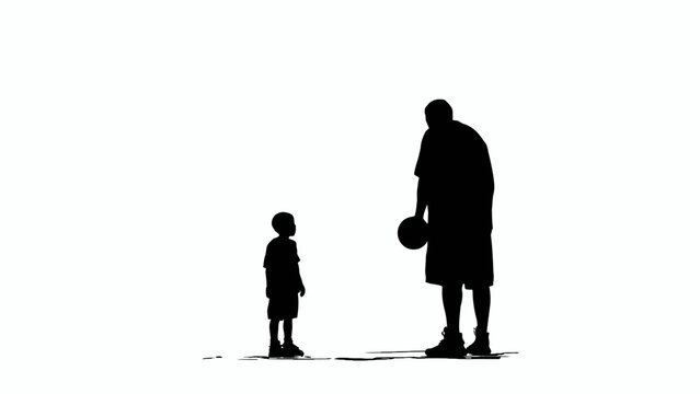 Basketball silhouette of father and son, black and white sports vector illustration, parent and child playing ball, family bonding and athletic coaching