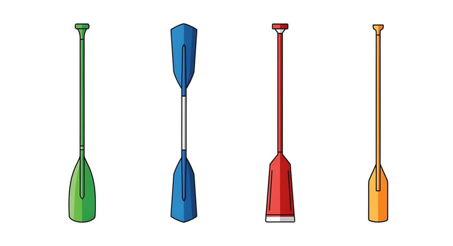 Set of various rowing paddles and oars for kayaking, canoeing, and boating