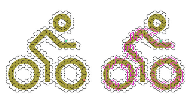 Hexagonal patterns form a cyclist silhouette. Left side uses muted green tones. Right side adds pink highlights for contrast. Design evokes motion and energy. Perfect for fitness, cycling