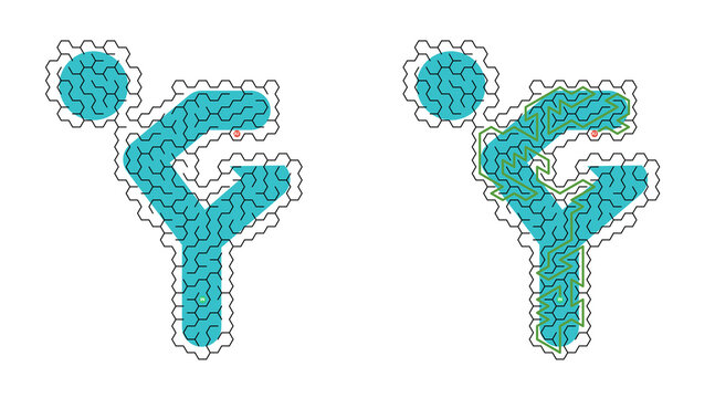 Two stylized figures composed of interlocking hexagons. Each figure has a rounded head and curved limbs. One figure has a bold, vibrant blue-green coloration. The second figure displays a subtle