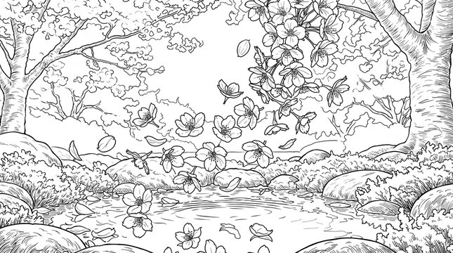 Spring forest coloring page with blooming trees, butterflies, and stream &mdash; calm and inspiring kids&rsquo; creative activity