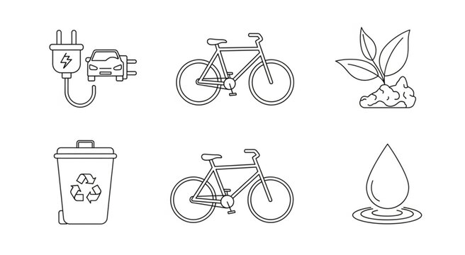 Eco friendly icons including bicycles recycling and sustainable energy sources