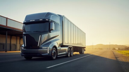 Fototapeta premium A sleek electric truck parked at dawn, showcasing modern design and technology against a serene industrial backdrop.