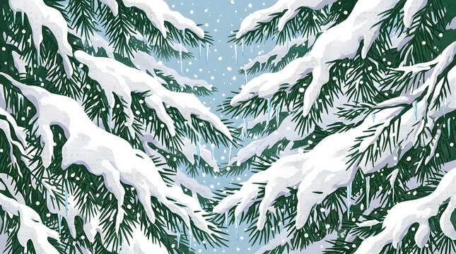 Thick Pine Tree Branches Covered in Heavy Snow &ndash; Winter Forest Close Up Vector

