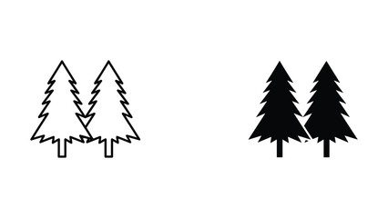 Two coniferous pine trees in linear and solid black vector icon style © Fahima