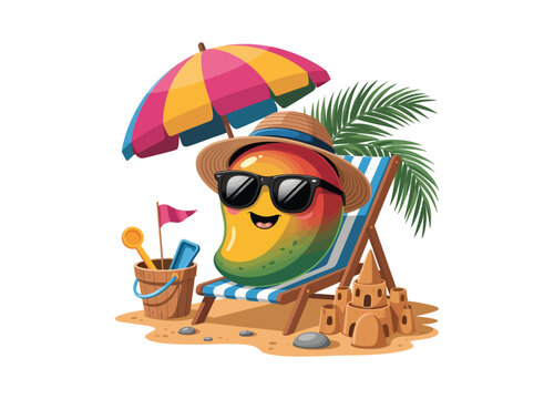 Cartoon mango character relaxing on the beach with umbrella on transparent background.
