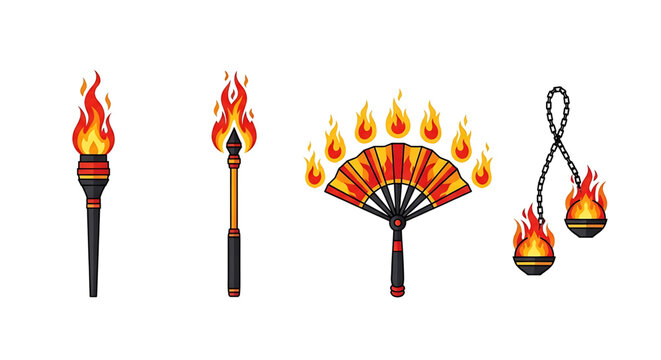 Set of fire juggling props, burning torch, staff, fan and poi
