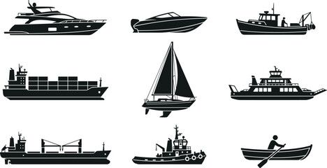 Boat and Ship Silhouette Icon Set Featuring Yacht Sailboat Cargo Vessel Ferry and Fishing Transport Collection © Moslema