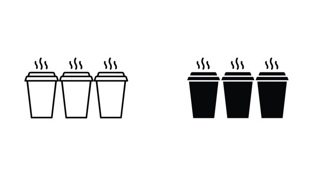 Three disposable coffee cups with steam rising in line art and solid icon style