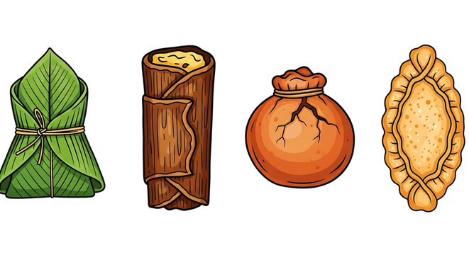 Set of traditional food wrapped in leaves and dough, including zongzi, tamale, pouch and empanada