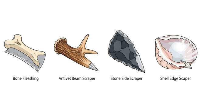 Set of primitive prehistoric tools made from bone, antler, stone, and shell