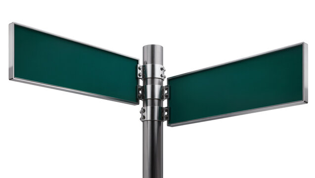 Two blank green street signs on metal pole, isolated on transparent background