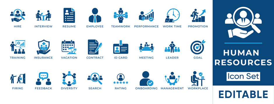 Human resources and HR management solid icon set. Includes symbols for job interview, employee training, resume, and onboarding. Vector icons for corporate recruitment and business presentations.