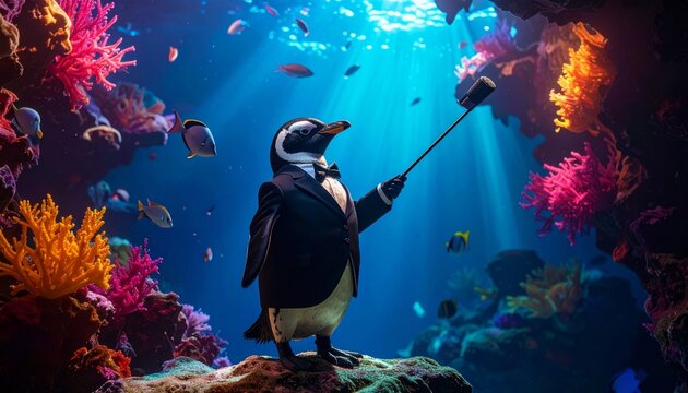 Penguin in Tuxedo Takes Selfie Underwater with Fish