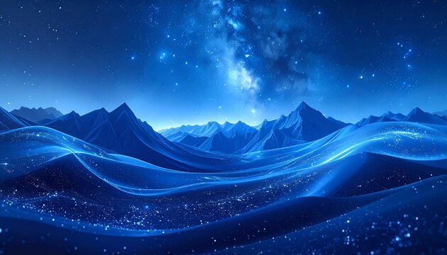 Enchanting Blue Landscape with Mountains and Starry Night Sky.