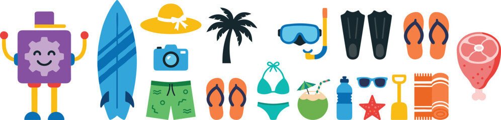 Summer Beach Vacation Icon Set with Surfboard Swimwear Coconut Snorkel Cute Robot Character and Ham Vector Illustration for Travel Concepts © Nayem