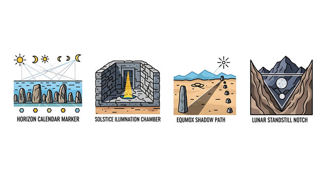 Set of ancient astronomical observatories and megalithic structures icons, including horizon calendar, solstice illumination chamber, equinox shadow path, and lunar standstill notch