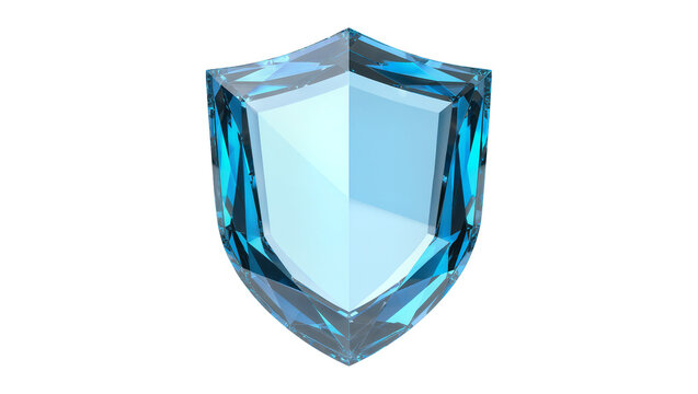 Facet cut blue crystal shield emblem, isolated on transparent background