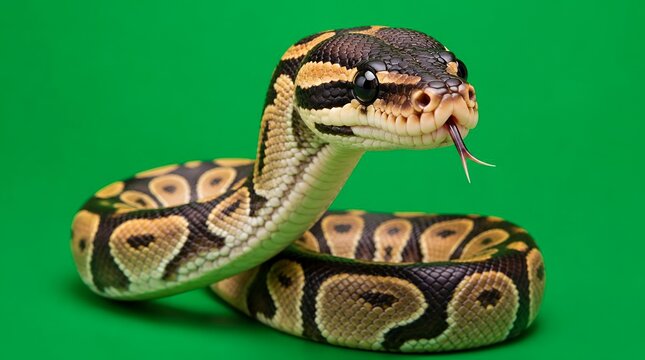 Close-up Portrait of a Ball Python Snake with Tongue Flicking on a Vivid Green Background