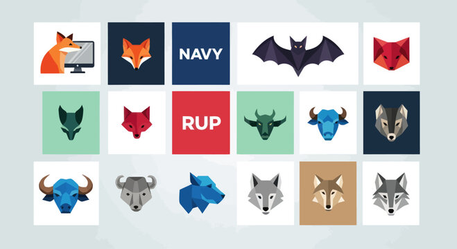 Geometric Animal Icons Set: Fox, Wolf, Bat, Bull, Boar, Buffalo, Ram