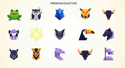 Fototapeta premium Geometric Animal Icons Set: Frog, Owl, Wolf, Tiger, Bull, Toucan, Horse