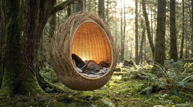 An egg-shaped woven nest pod suspended from a tree branch offers tranquil seating within a lush forest setting, inviting peaceful relaxation and an escape.
