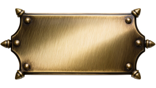 Ornate brass plaque with decorative rivets, isolated on transparent background