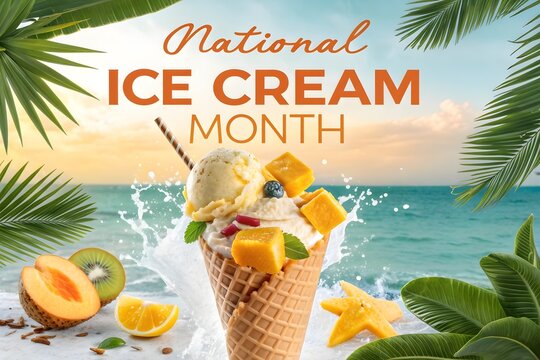 National ice cream month tropical poster featuring a creamy fruit sundae waffle cone with fresh mango and exotic slices against a vibrant coastal ocean sunset background