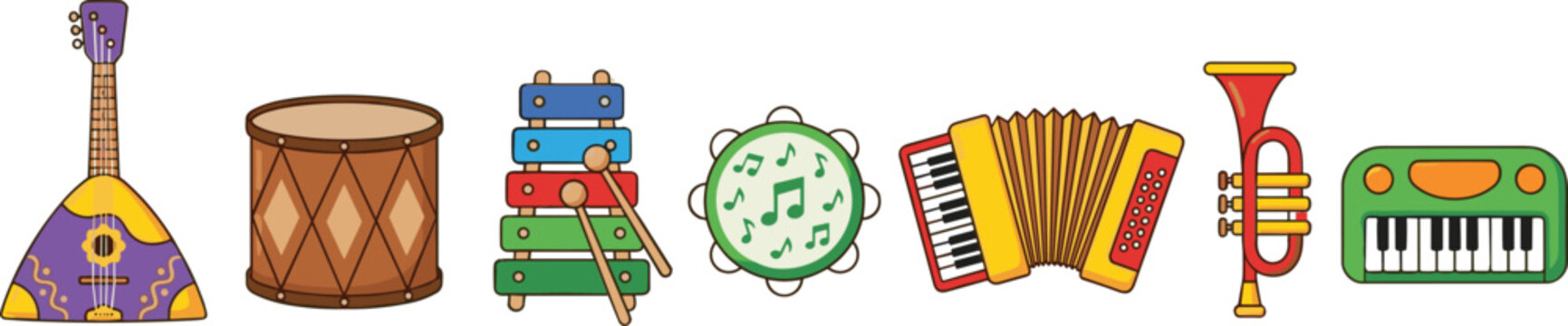 Musical Instrument Icon Border Set with Domra, Drum, Xylophone, Tambourine, Accordion, Trumpet, and Keyboard Vector Line Art Illustration
