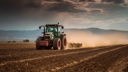 Fototapeta premium Farmer Driving Tractor Preparing Agricultural Land for Sowing in Modern Farming Landscape Scene