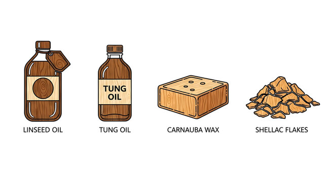 Set of natural wood finishing products including linseed oil, tung oil, carnauba wax, and shellac flakes