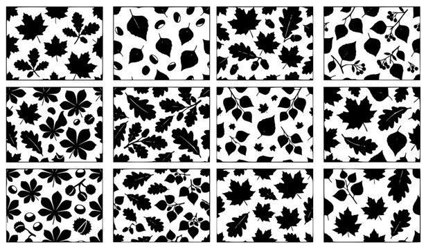 Bold black silhouette autumn leaves pattern tile vector icon set with repeating maple and oak leaf shapes