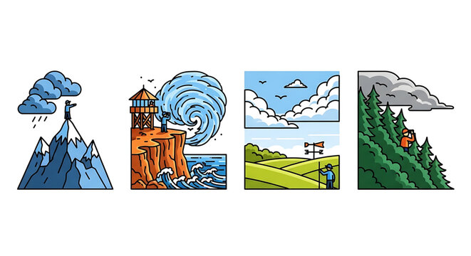 Set of weather observation and monitoring icons, meteorologist characters tracking climate conditions in different landscapes, flat vector illustration