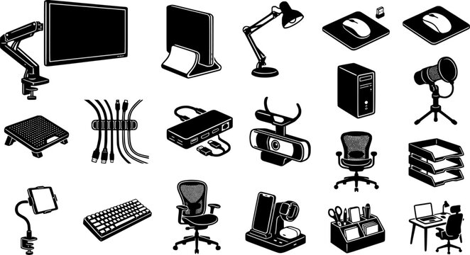 Home Office Technology and Desk Accessories Icon Set Featuring Computer, Laptop Stand, Desk Lamp, Keyboard, Webcam, Microphone, USB Hub, Tablet Stand, and Workspace Tools