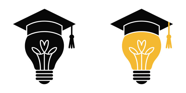 Academic cap and light bulb symbol vector set featuring knowledge sharing, educational success, creativity, learning inspiration, university branding, innovative thinking concepts, and minimal flat 