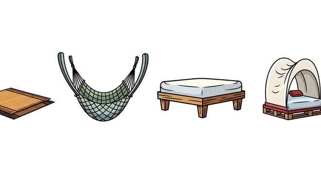 Set of different types of beds and sleeping equipment including a mat, hammock, platform bed, and canopy bed