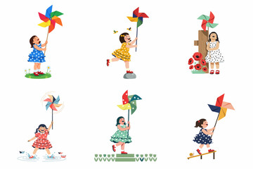 Fototapeta premium Set of Six Illustrations Featuring a Happy Little Girl Playing with Colorful Pinwheels in Various Outdoor Settings, Vintage Style Art