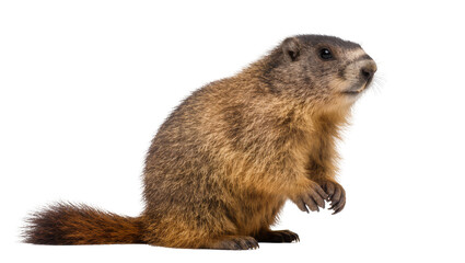 Brown furry groundhog standing alert, isolated on transparent background