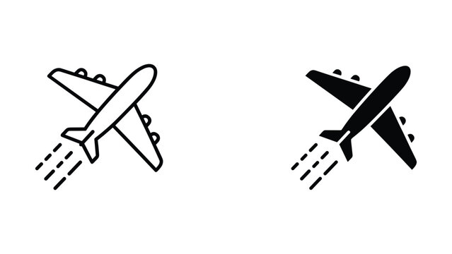 Airplane taking off with exhaust trail icon in outline and solid