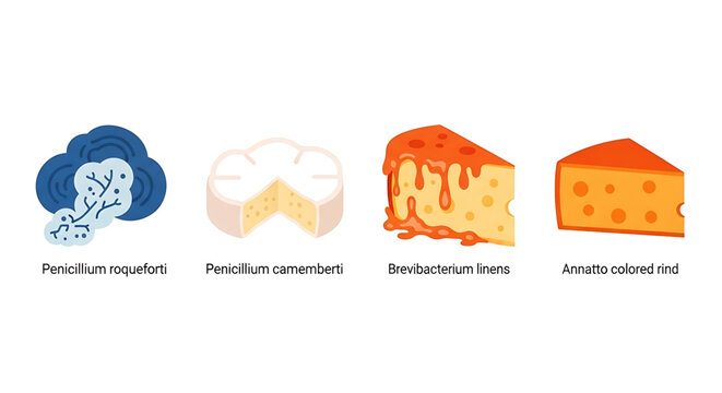 Set of cheese types and cultures, including penicillium roqueforti, penicillium camemberti, brevibacterium linens, and annatto colored rind