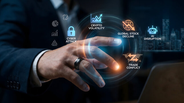 Professional hand engaging with a luminous holographic interface, analyzing global economic risks, market volatility, and technological disruptions for strategic business foresight
