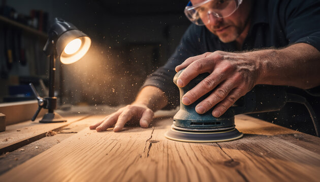 Professional male carpenter wearing safety glasses using an electric orbital power sander on a large wooden board in a dark workshop illuminated by a warm desk lamp with flying sawdust