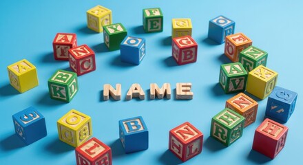 Naklejka premium Colorful alphabet blocks and 'name' letters inspiring early childhood play day learning and development