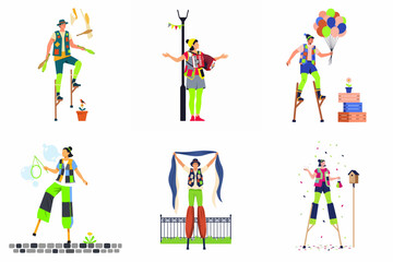 Fototapeta premium Set of colorful street performers and circus artists including stilt walkers, jugglers, and musicians in flat vector illustration style isolated on white.