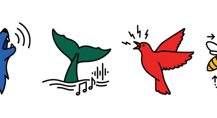 Set of animal communication icons, including howling wolf, singing whale tail, chirping bird, and buzzing bee