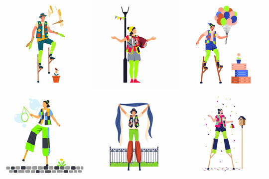 Set of colorful street performers and circus artists including stilt walkers, jugglers, and musicians in flat vector illustration style isolated on white.
