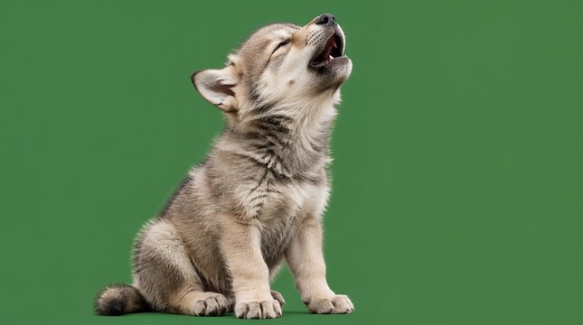 Cute Wolf Cub Howling on Green Background - Adorable Grey Puppy Vocalizing with Mouth Open