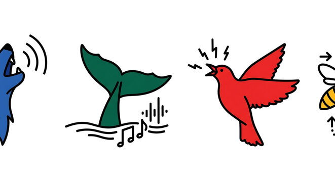 Set of animal communication icons, including howling wolf, singing whale tail, chirping bird, and buzzing bee